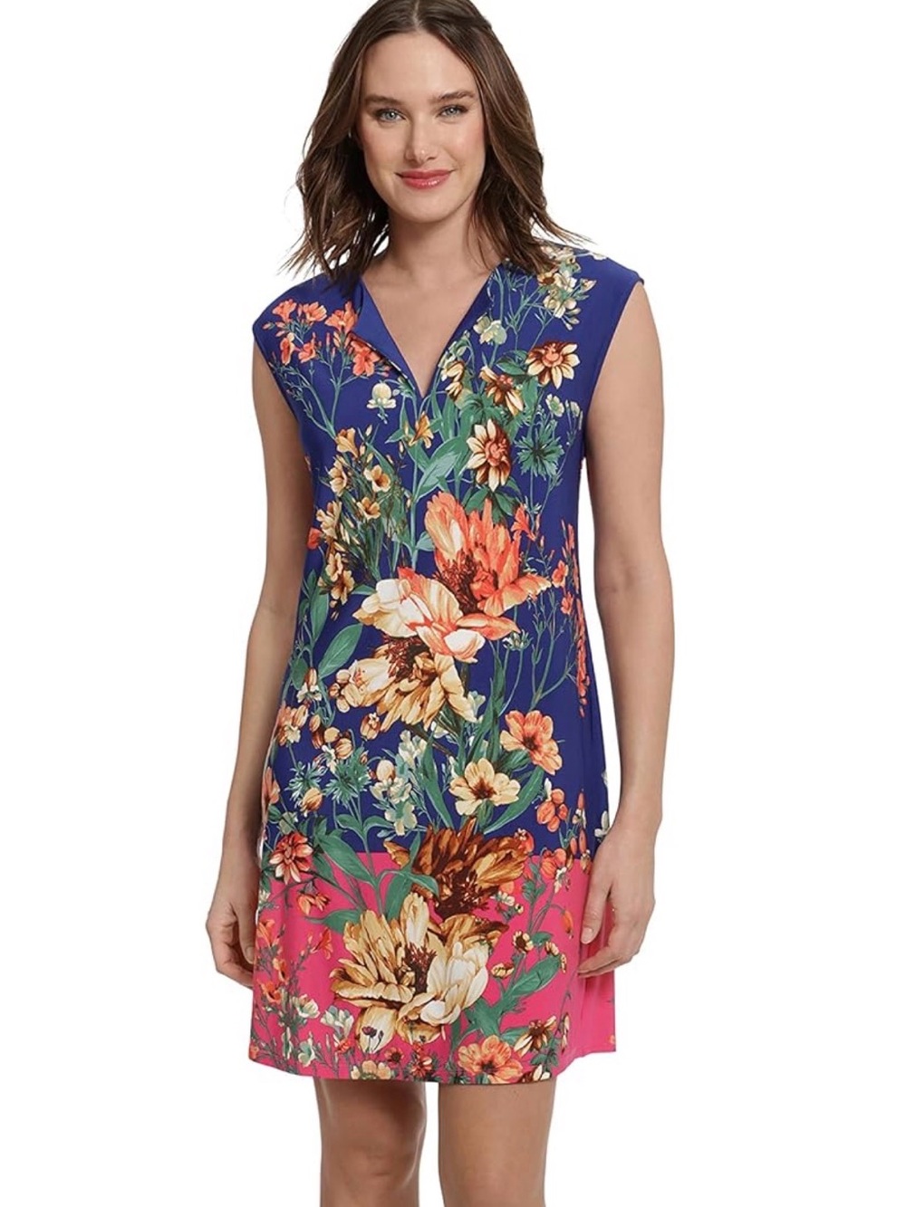NWOT London Times Blue & Pink Floral Split-Neck Sleeveless Mini Dress, Large